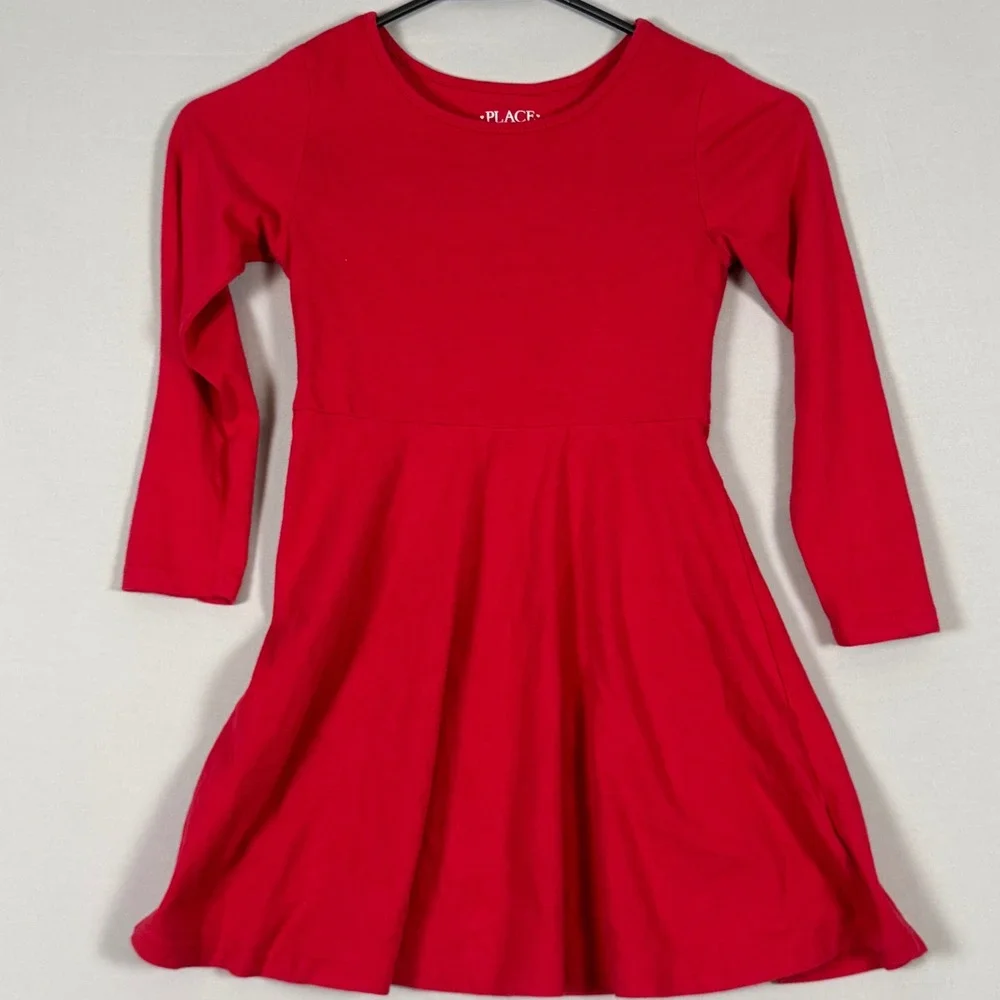 Children's Place Skater Dress Kids 5/6 Red New Heart Cutout Back Long Sleeve